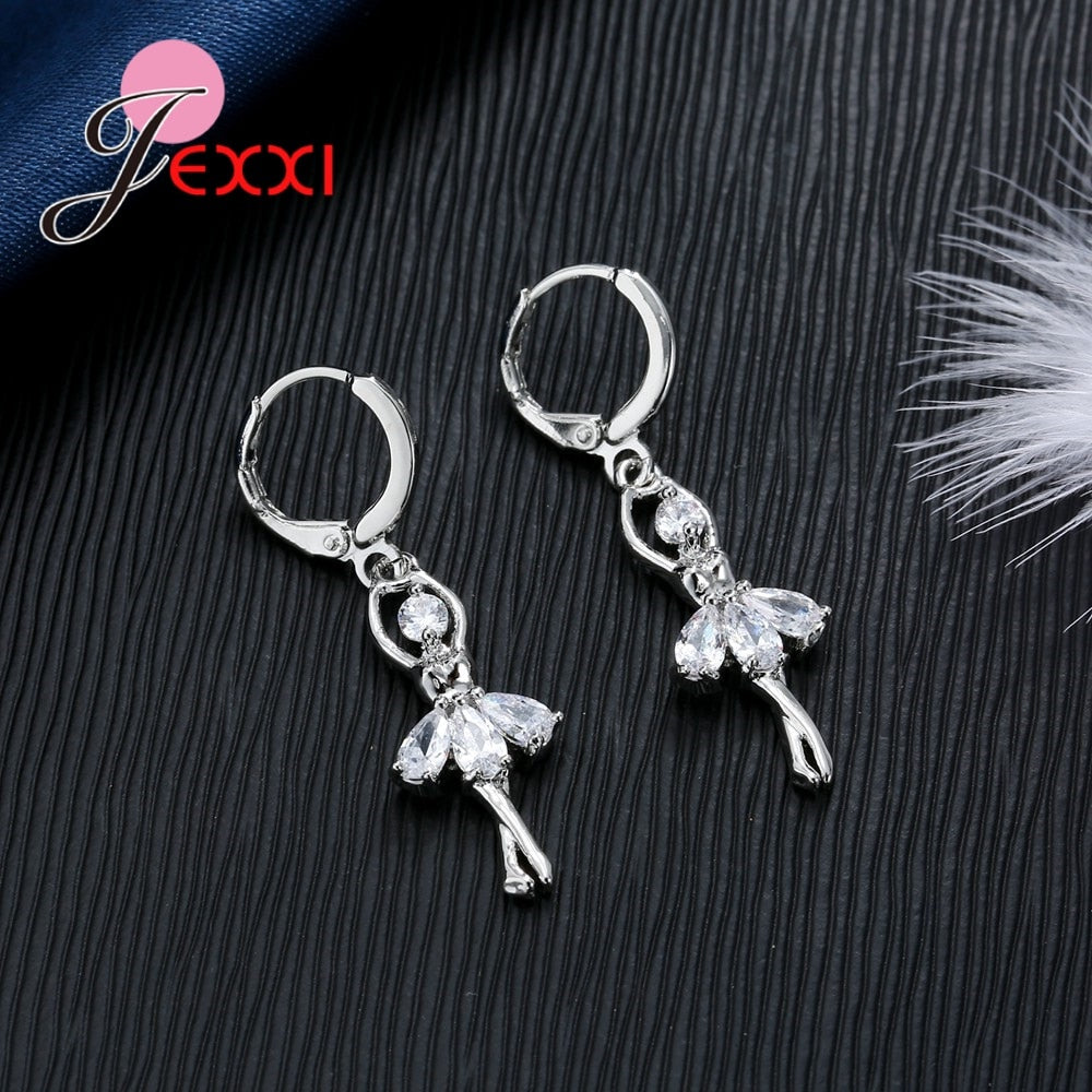C2C Cute Ballet Dancer 925 Sterling Silver Jewelry Cubic Zircon Necklace & Earrings Set