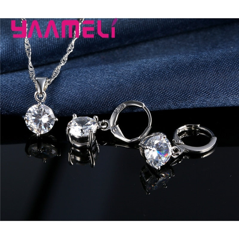 New Fashion Women Wedding Jewelry Sets 925 Sterling Silver  4 Claw CZ Crystal Necklace Dangle Earrings For Wedding