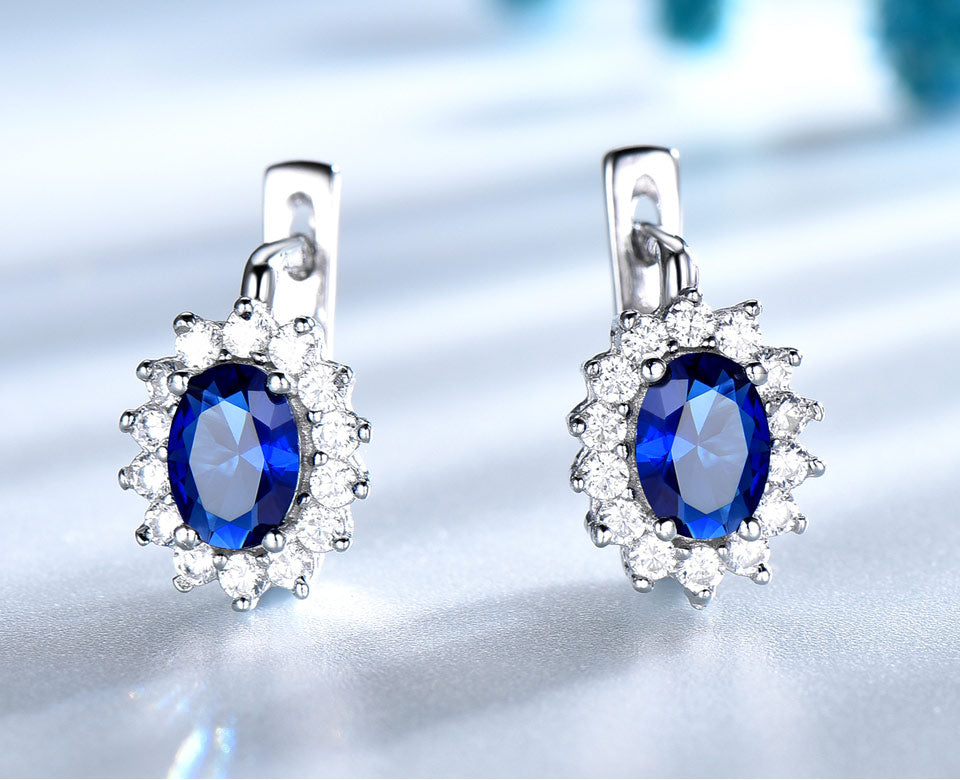 C2C Solid 925 Sterling Silver Gemstone Clip with Blue Sapphire Ladies Earrings