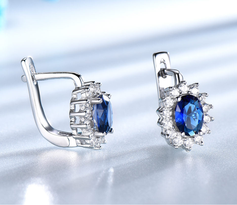 C2C Solid 925 Sterling Silver Gemstone Clip with Blue Sapphire Ladies Earrings