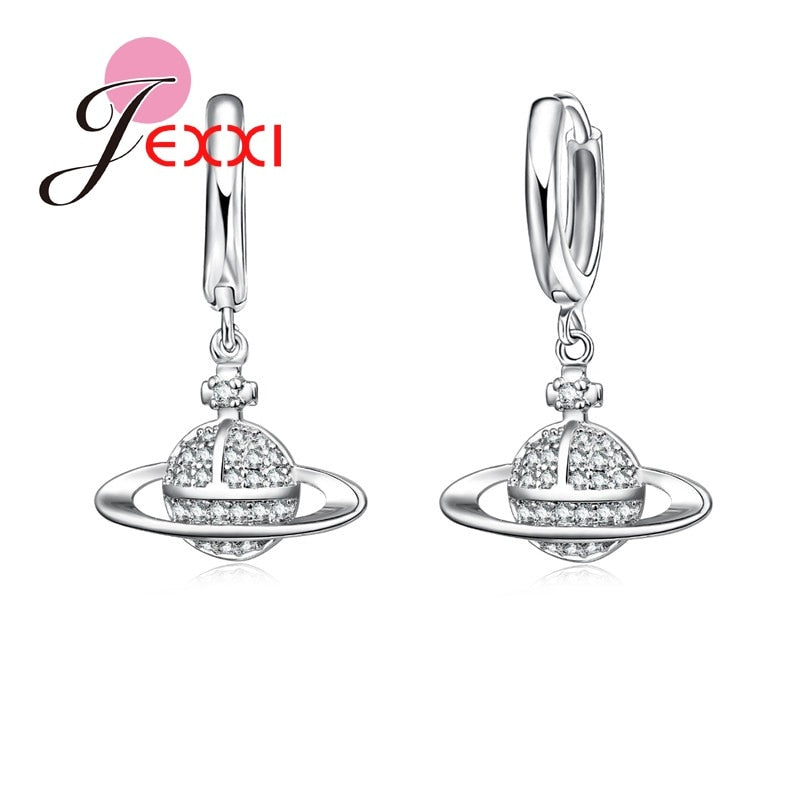 Planet Saturn Dangle Earring & Pendant Necklace Fashion Jewelry Sets 925 Sterling Silver UFO Charms Women Wedding Gift