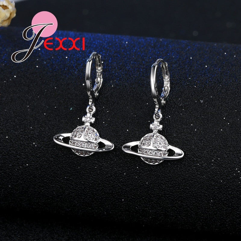 Planet Saturn Dangle Earring & Pendant Necklace Fashion Jewelry Sets 925 Sterling Silver UFO Charms Women Wedding Gift