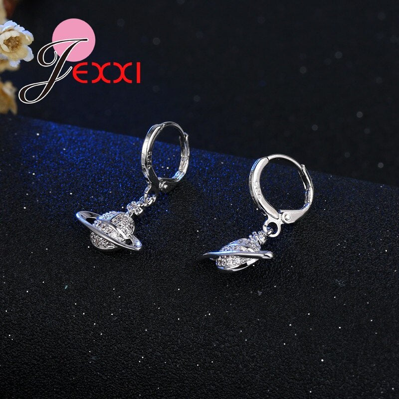 Planet Saturn Dangle Earring & Pendant Necklace Fashion Jewelry Sets 925 Sterling Silver UFO Charms Women Wedding Gift