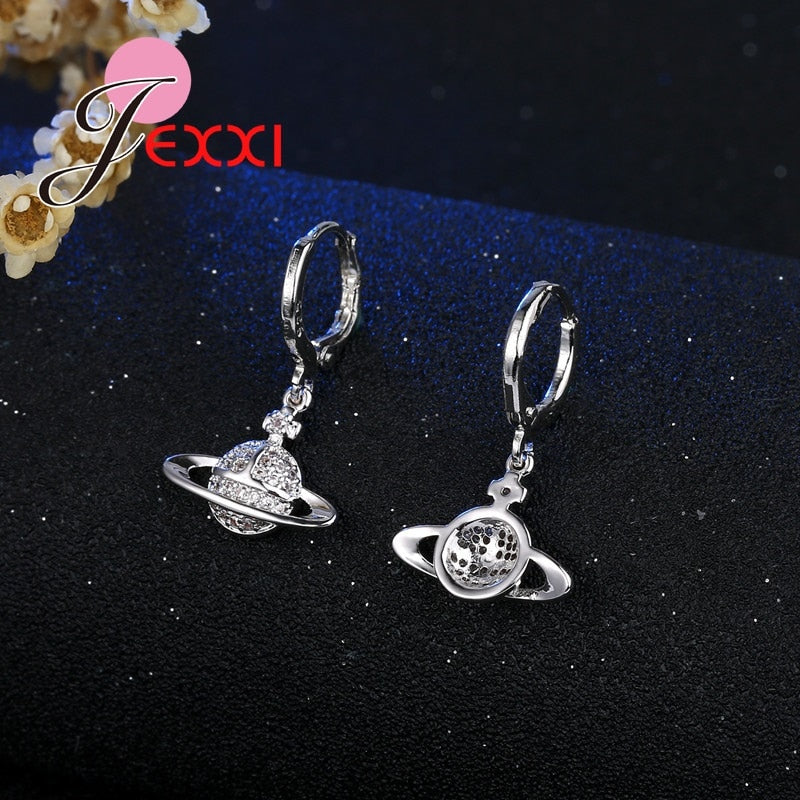 Planet Saturn Dangle Earring & Pendant Necklace Fashion Jewelry Sets 925 Sterling Silver UFO Charms Women Wedding Gift