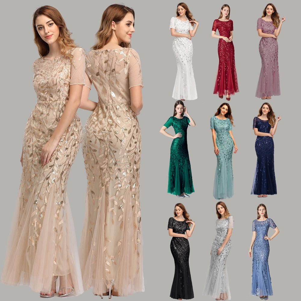 Plus Size Evening Mermaid O Neck Short Sleeve Lace Appliques Tulle Long Party Robe Soiree Dress