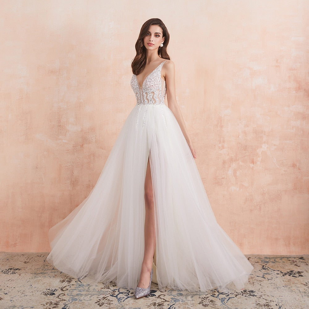Sexy High Splits Beaded Beading Pearls Crystal A Line V Neck Bridal Gown Dress