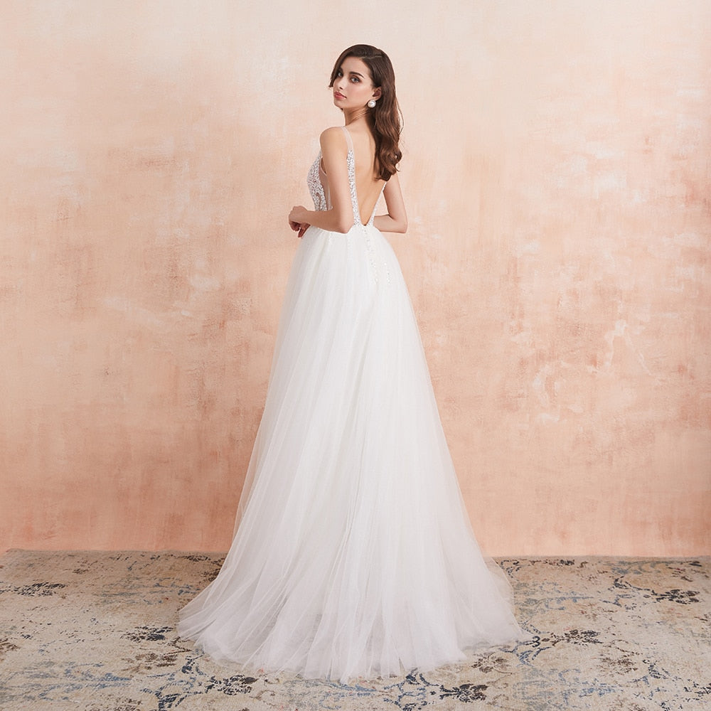 Sexy High Splits Beaded Beading Pearls Crystal A Line V Neck Bridal Gown Dress