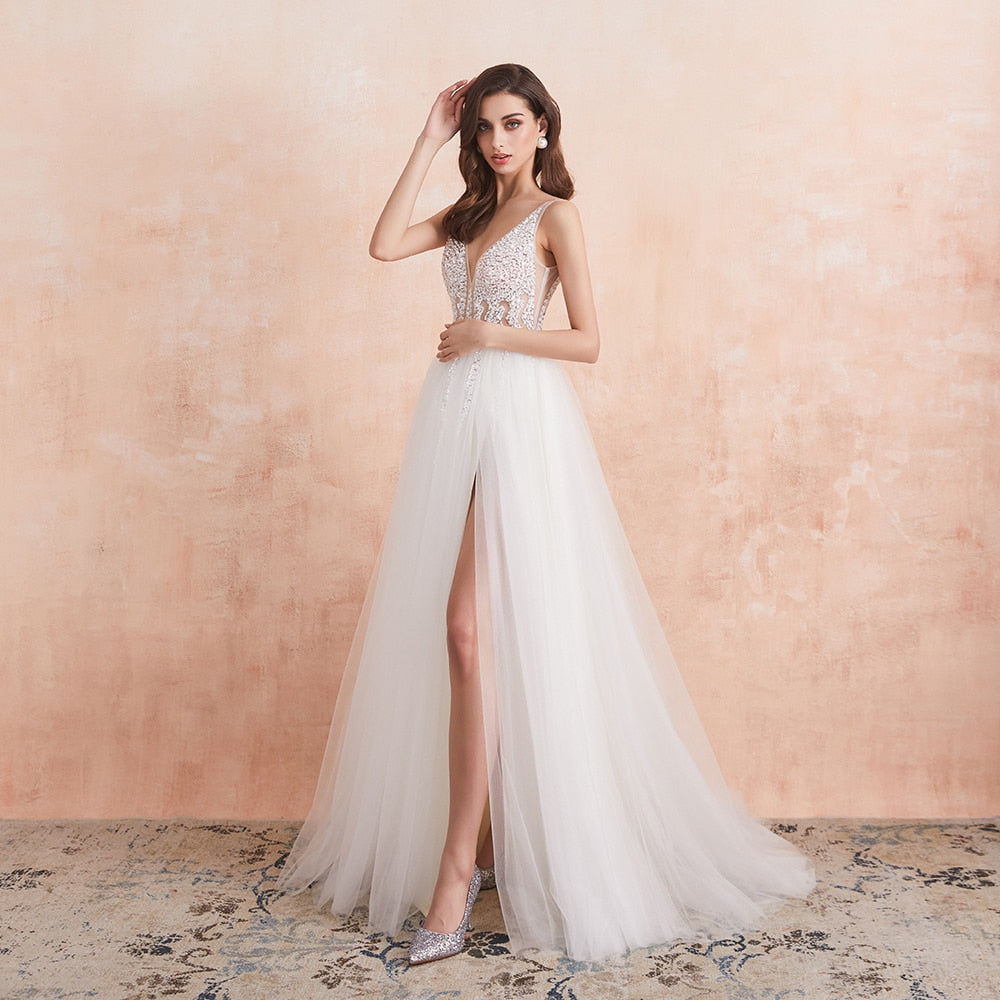 Sexy High Splits Beaded Beading Pearls Crystal A Line V Neck Bridal Gown Dress