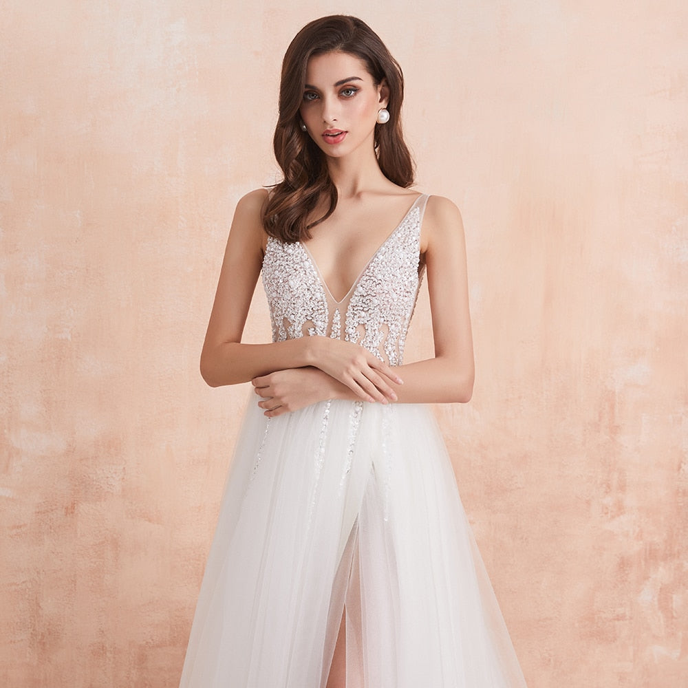 Sexy High Splits Beaded Beading Pearls Crystal A Line V Neck Bridal Gown Dress