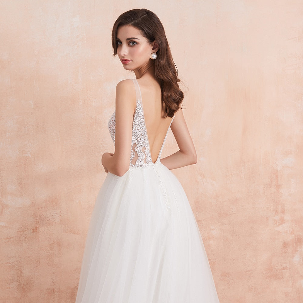 Sexy High Splits Beaded Beading Pearls Crystal A Line V Neck Bridal Gown Dress