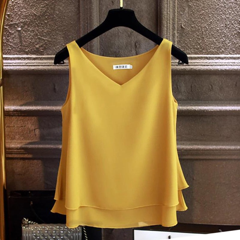 Yuanyu Sleeveless Chiffon V-neck Ladies Top