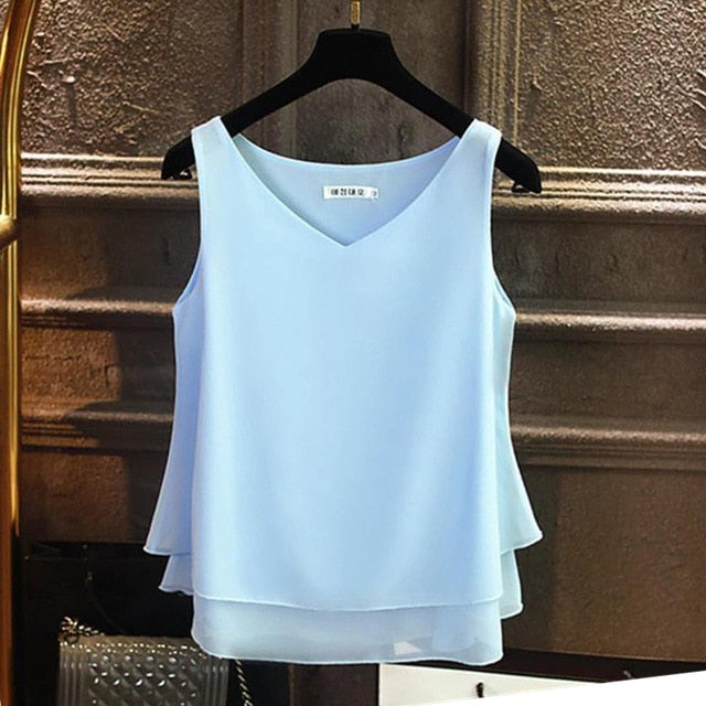 Yuanyu Sleeveless Chiffon V-neck Ladies Top