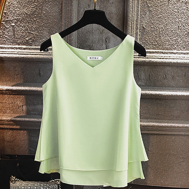 Yuanyu Sleeveless Chiffon V-neck Ladies Top