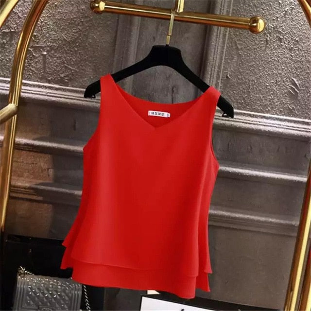 Yuanyu Sleeveless Chiffon V-neck Ladies Top
