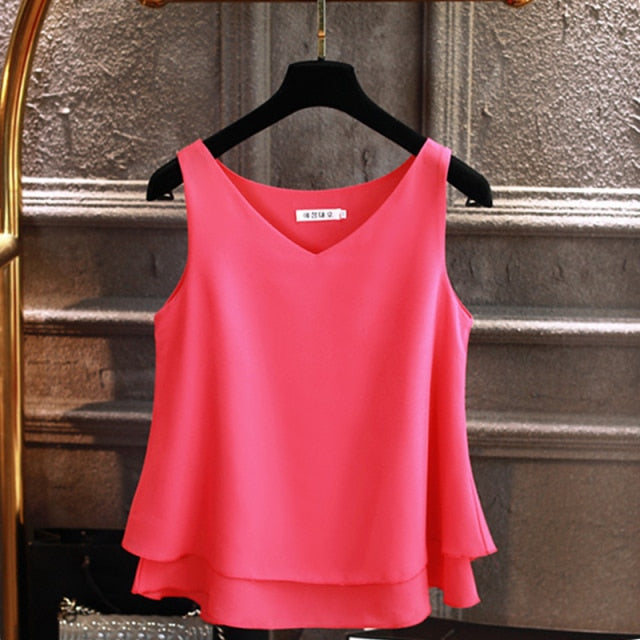 Yuanyu Sleeveless Chiffon V-neck Ladies Top