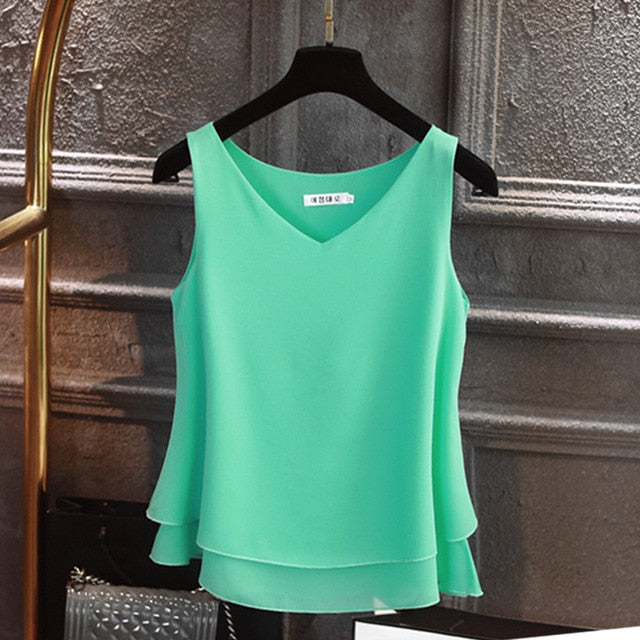 Yuanyu Sleeveless Chiffon V-neck Ladies Top