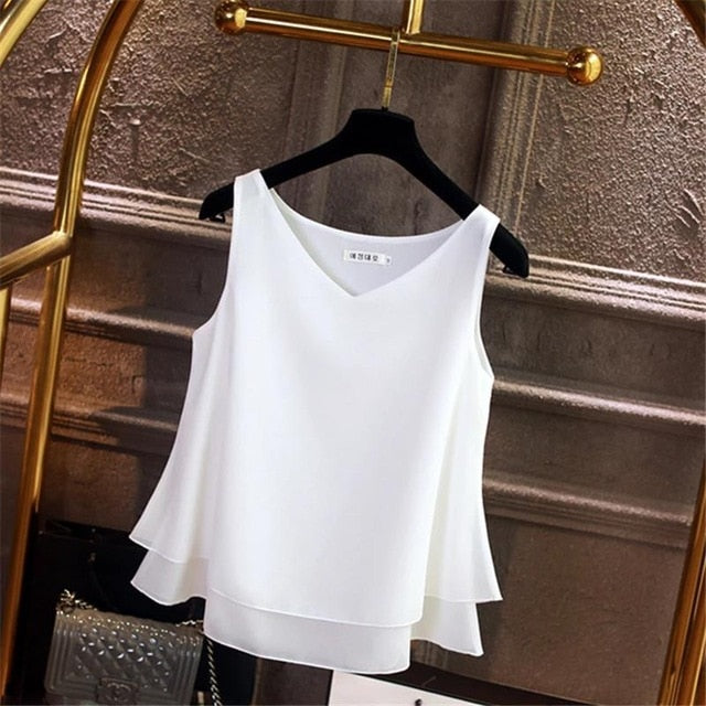 Yuanyu Sleeveless Chiffon V-neck Ladies Top