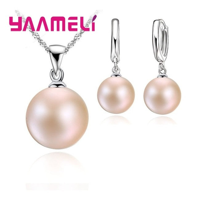 Smooth Wedding Jewelry 925 Sterling Silver Pearl & Necklace Hoop Earrings Set