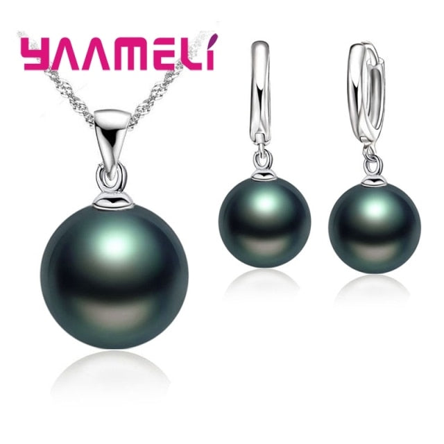 Smooth Wedding Jewelry 925 Sterling Silver Pearl & Necklace Hoop Earrings Set