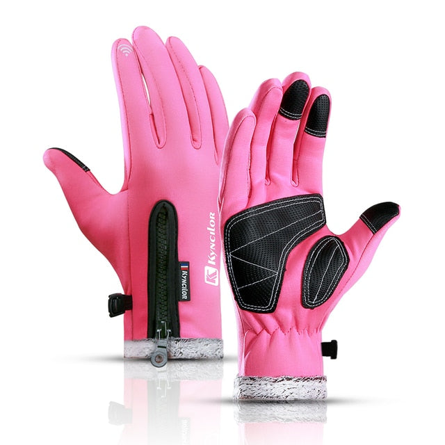 C2C Themal Touchscreen Anti-Slip Windproof Cycling Gloves w/ Fleece Lining Adjustable Zipper Anti-Lost Buckle Camping
