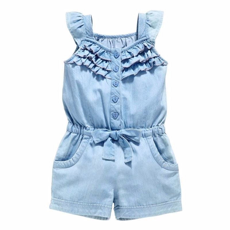 Girls Denim Blue Washed Sleeveless Bow Jumpsuit
