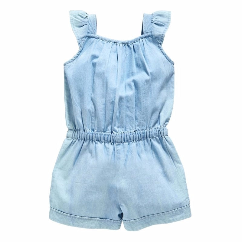 Girls Denim Blue Washed Sleeveless Bow Jumpsuit