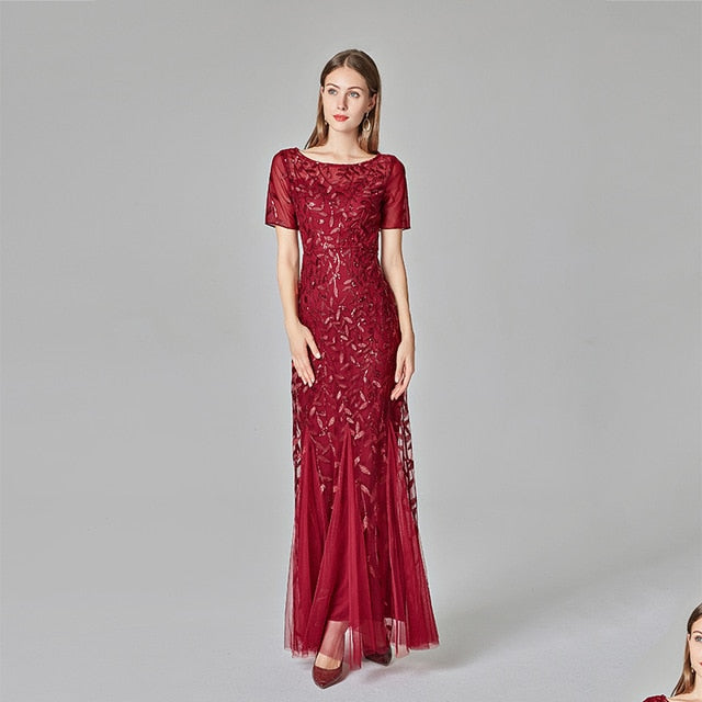 Plus Size Evening Mermaid O Neck Short Sleeve Lace Appliques Tulle Long Party Robe Soiree Dress