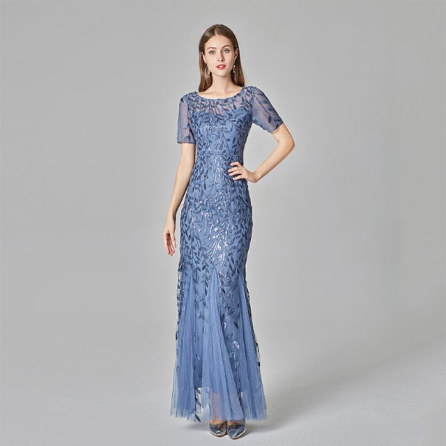 Plus Size Evening Mermaid O Neck Short Sleeve Lace Appliques Tulle Long Party Robe Soiree Dress
