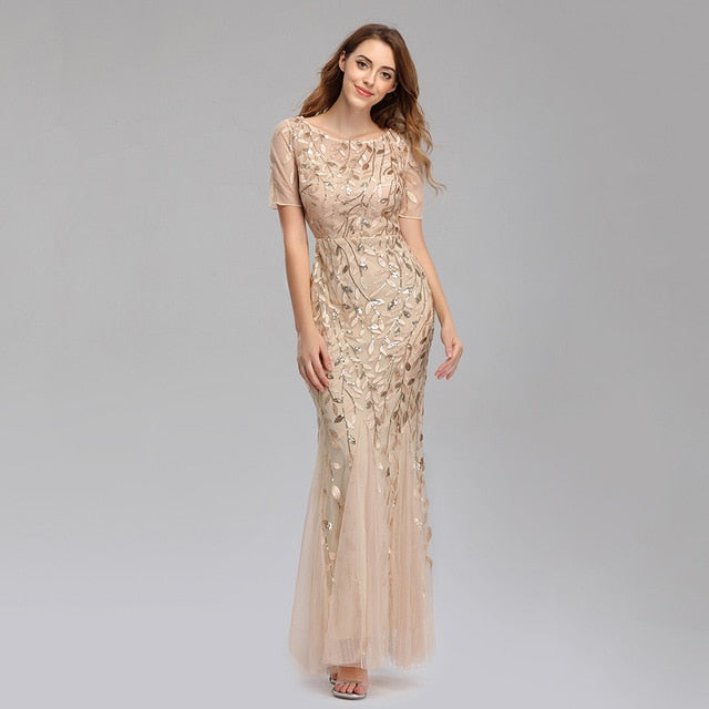 Plus Size Evening Mermaid O Neck Short Sleeve Lace Appliques Tulle Long Party Robe Soiree Dress