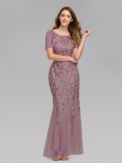 Plus Size Evening Mermaid O Neck Short Sleeve Lace Appliques Tulle Long Party Robe Soiree Dress