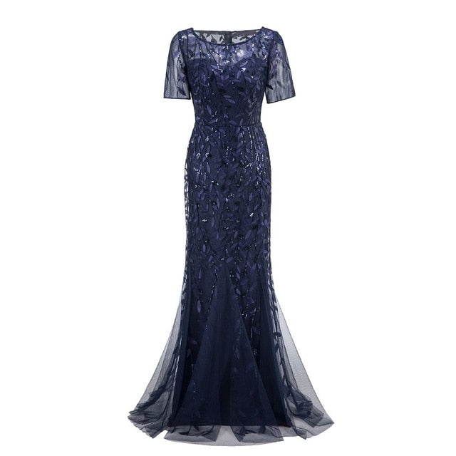 Plus Size Evening Mermaid O Neck Short Sleeve Lace Appliques Tulle Long Party Robe Soiree Dress