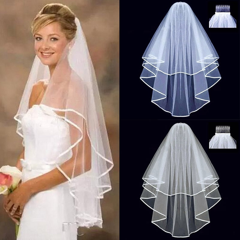 Short Tulle Two Layer 75cm Comb White and  Ivory Wedding Bridal Veil