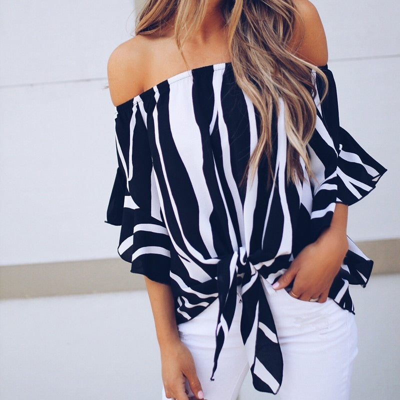 Meihuida Sexy Striped Off Shoulder Ladies Blouse