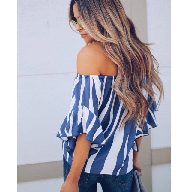 Meihuida Sexy Striped Off Shoulder Ladies Blouse