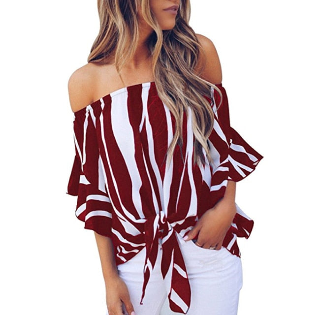 Meihuida Sexy Striped Off Shoulder Ladies Blouse