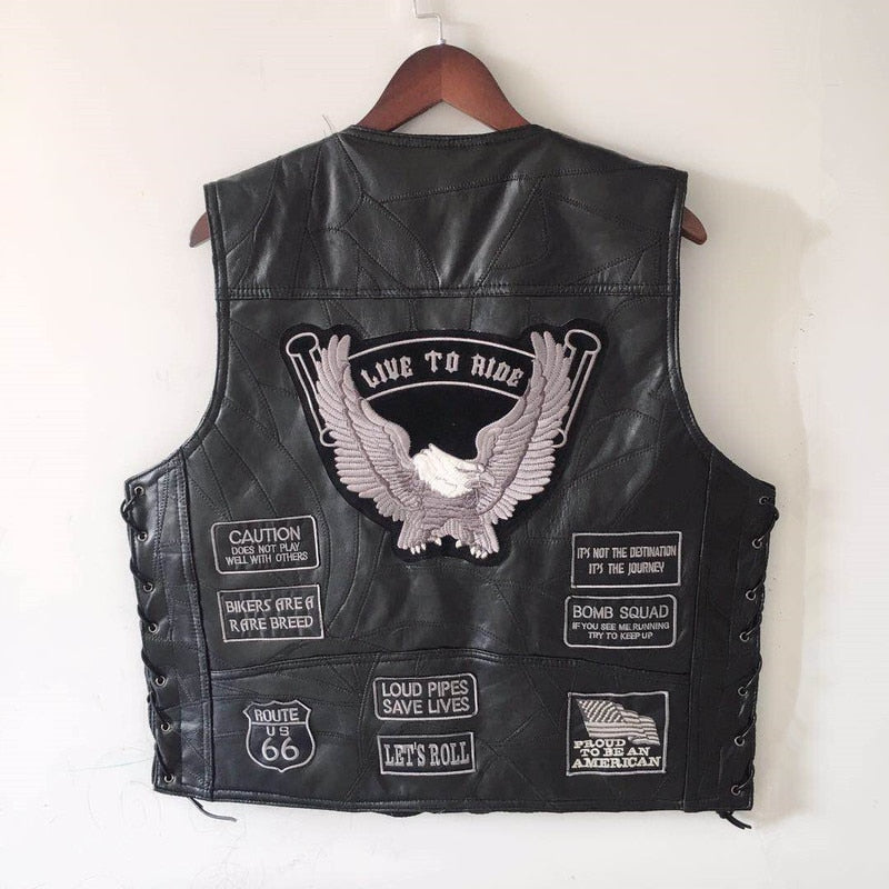 Leather Embroidery Motorcycle Sleeveless V Neck Mens Vest