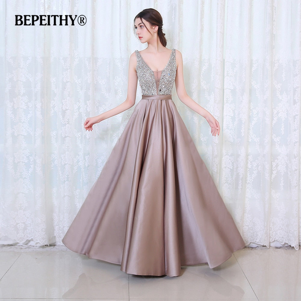 C2C Mall-BEPEITHY V-Neck Beads Bodice Open Back A Line Long Evening Dress
