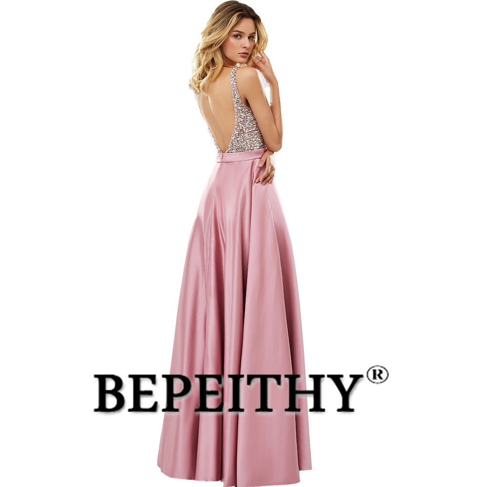C2C Mall-BEPEITHY V-Neck Beads Bodice Open Back A Line Long Evening Dress