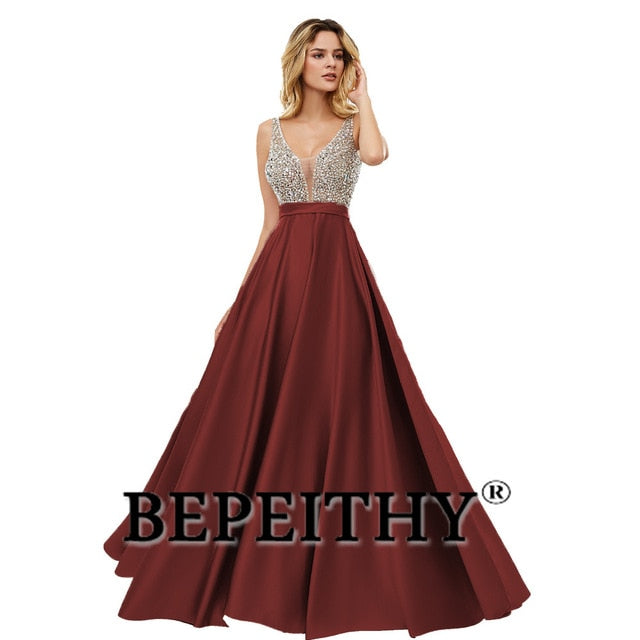 C2C Mall-BEPEITHY V-Neck Beads Bodice Open Back A Line Long Evening Dress
