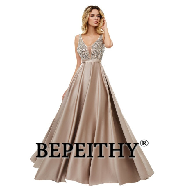 C2C Mall-BEPEITHY V-Neck Beads Bodice Open Back A Line Long Evening Dress