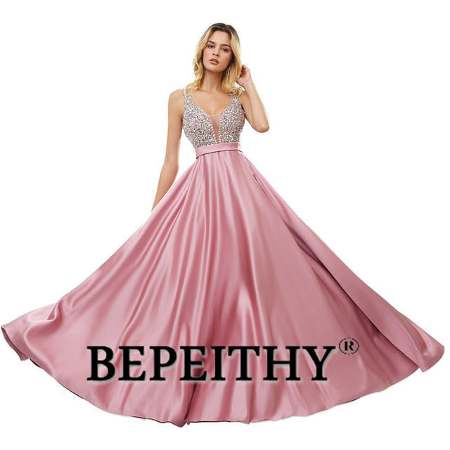 C2C Mall-BEPEITHY V-Neck Beads Bodice Open Back A Line Long Evening Dress