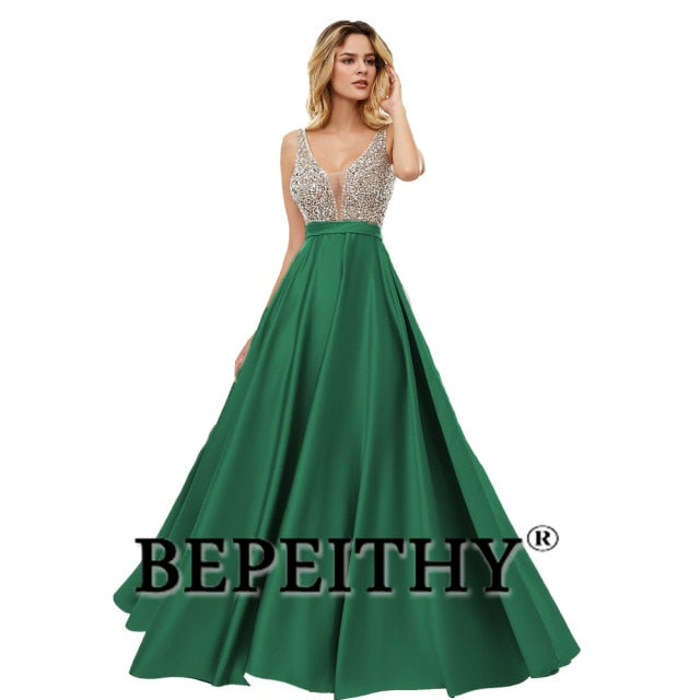 C2C Mall-BEPEITHY V-Neck Beads Bodice Open Back A Line Long Evening Dress