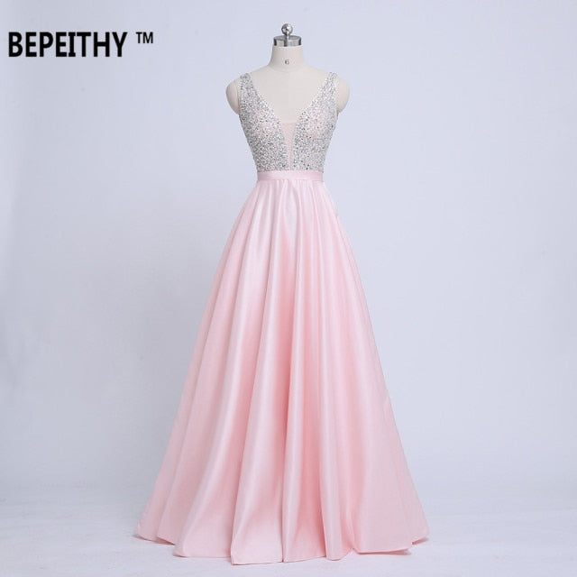 C2C Mall-BEPEITHY V-Neck Beads Bodice Open Back A Line Long Evening Dress