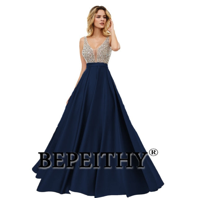 C2C Mall-BEPEITHY V-Neck Beads Bodice Open Back A Line Long Evening Dress
