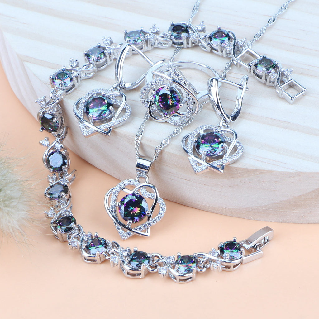 Silver 925 Rainbow Cubic Zirconia Ladies Jewelry Sets (Rings, Earrings, Bracelets, Pendant and Necklace)