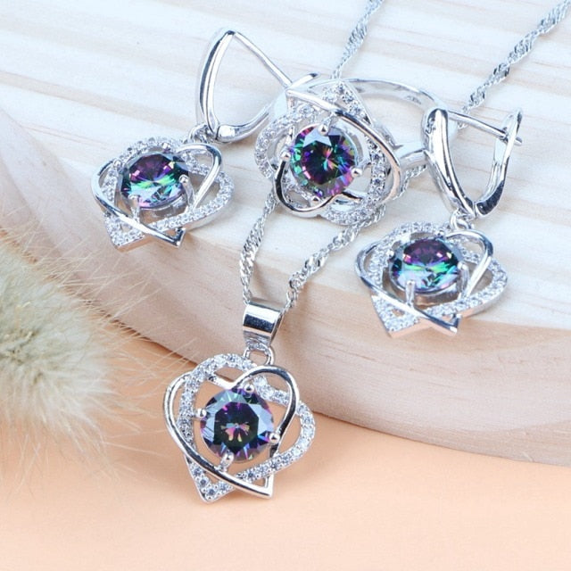 Silver 925 Rainbow Cubic Zirconia Ladies Jewelry Sets (Rings, Earrings, Bracelets, Pendant and Necklace)