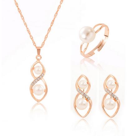 C2C Mall African Rose Gold Pearl & Cubic Zirconia Necklace, Earrings and Ring Set