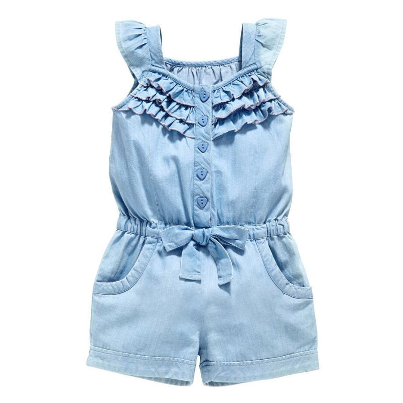 Girls Denim Blue Washed Sleeveless Bow Jumpsuit
