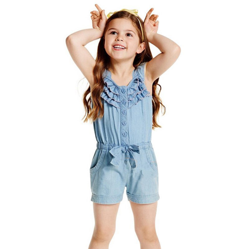 Girls Denim Blue Washed Sleeveless Bow Jumpsuit