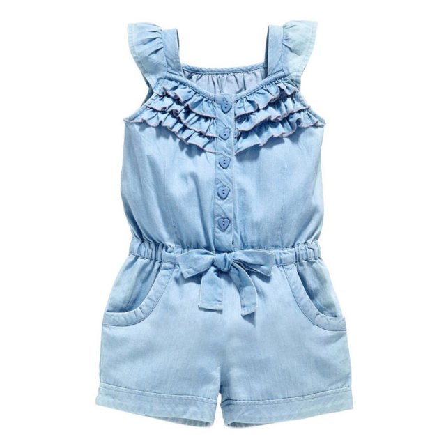 Girls Denim Blue Washed Sleeveless Bow Jumpsuit